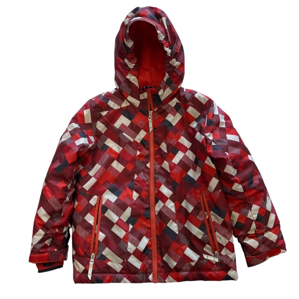Lands End Kids Coat Size Small Red Geometric Winter Full Zip Waterproof